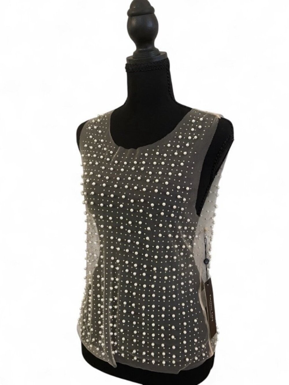 NWT Emerson Lang Pearl Sheer Top Transparent Rhinestone Tank Dressy Outer Shell